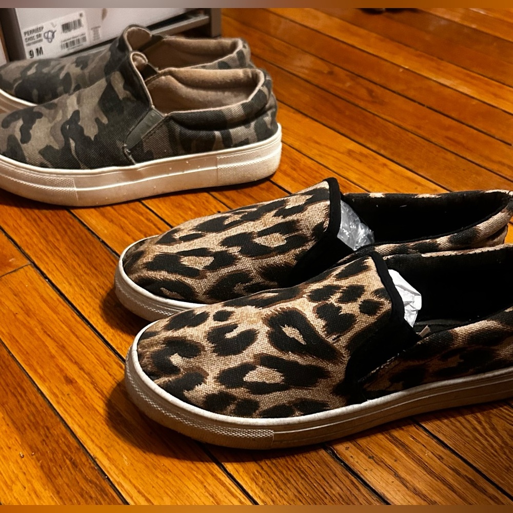 Leopard Print and Camo Slip-On flats, size 8 - pricing in description